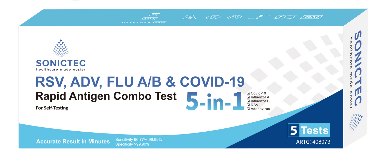 Sonictec 5-in-1 Rapid Antigen Combo Test Pack - RSV, ADV, FLU A/B & COVID-19 (500 per carton)