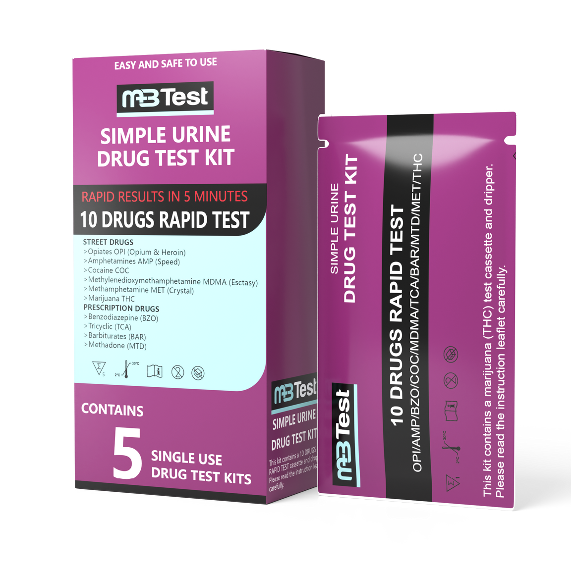 MBTest Simple Urine Drug Test Kits - 10 Drugs (Street & Prescription) Rapid Test (5 pack)